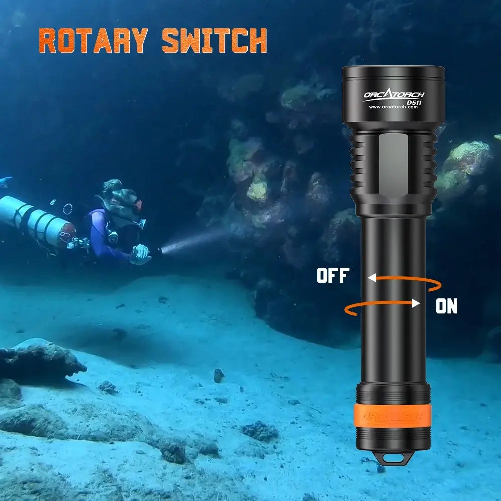 OrcaTorch D511 Max 2200 Lumens Dive Torch Rotary Switch On/Off