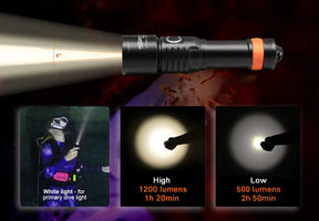 OrcaTorch D530 Scuba Diver Lamp 1300 Lumens for divers 8 Degree Super Focus Beam Angle 18650 Battery