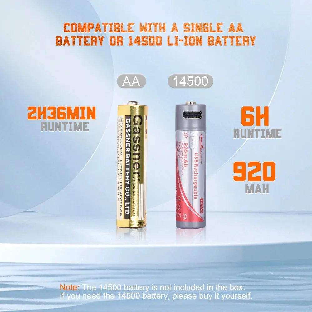 OrcaTorch D560-GL Battery Options, AA and 14500 Battery