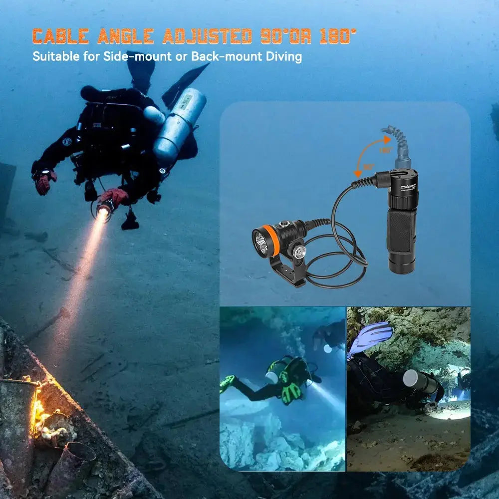 OrcaTorch D630 v2.0 canister dive light Cable angle adjustable 90° or 180°， Suitable for side mount or back mount diving