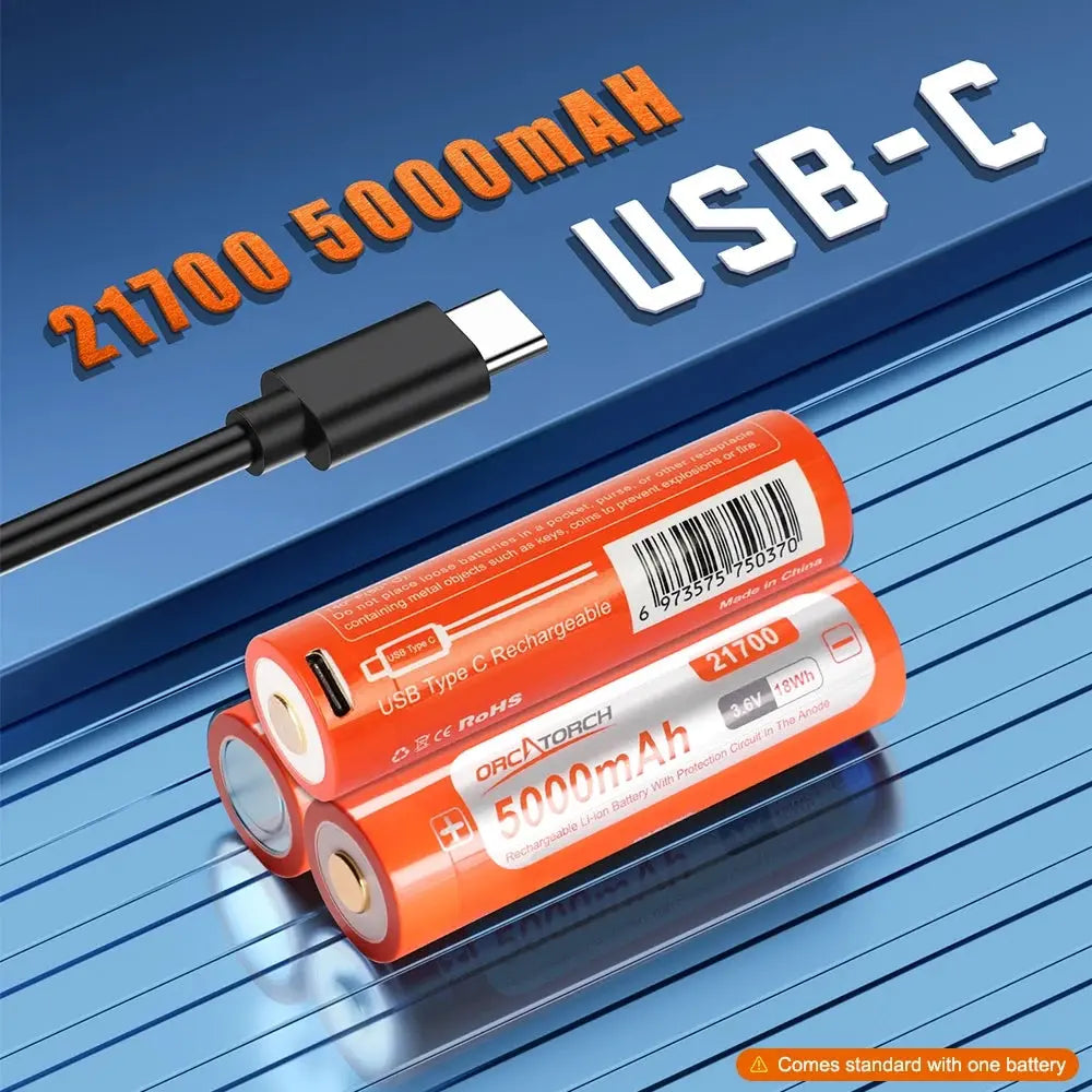 OrcaTorch D720 Long Beam Dive Light 18650 USB-C 5000mAh rechargeable battery