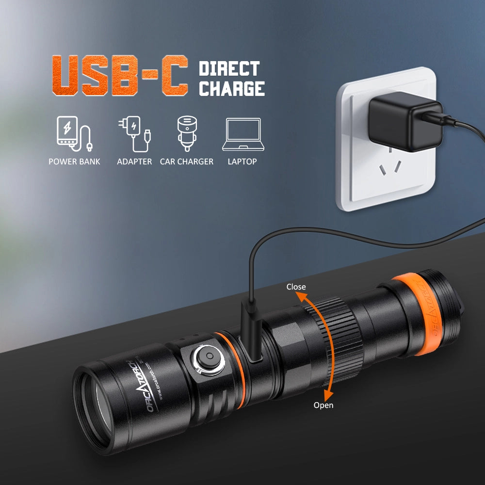 OrcaTorch DC710 Scuba Dive Light with USB-Type C Direct Charging 