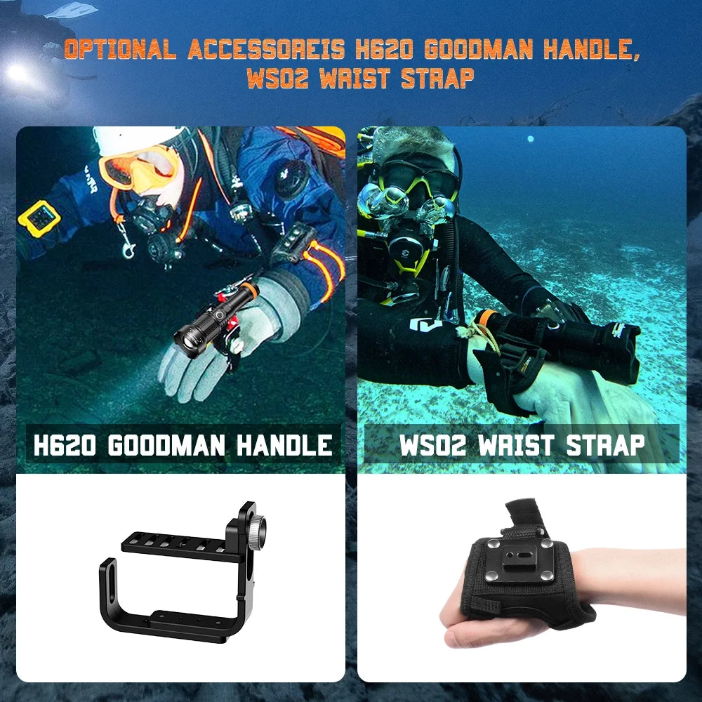 OrcaTorch ZD710 Adjustable Beam Dive Light Optional Accessories H620 goodman handle, WS02 wrist strap